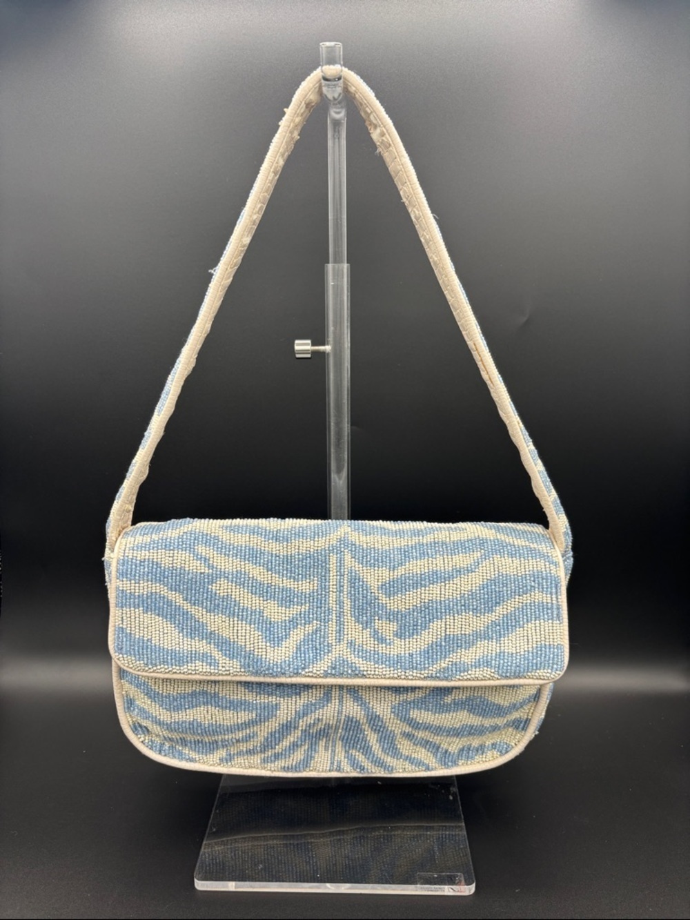 STAUD Tommy Beaded Shoulder Bag - Blue & White - Interior Strap is Peeling Some